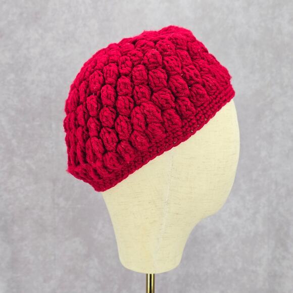 Red Crochet Beret Knit Bucket Cap Hat Fun Vintage Y2K Funky Beanie - Picture 1 of 4